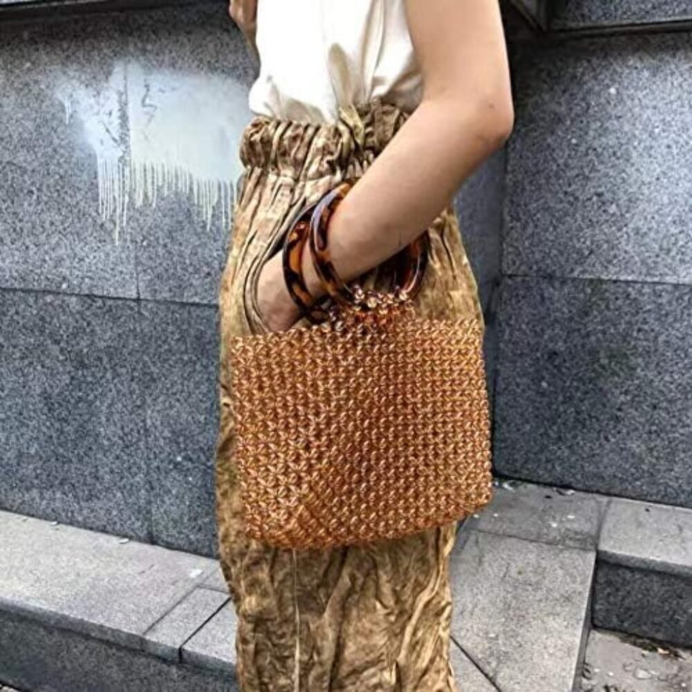 Women's Brown Colored Transparent Beaded Acrylic Evening Handmade Handbag - Picture 2 of 9
